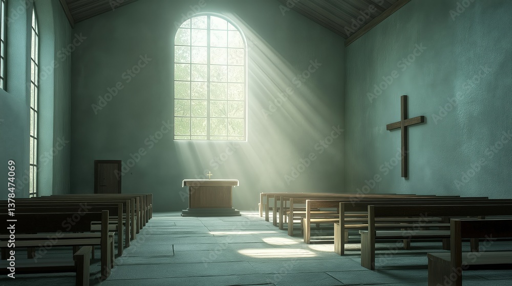 Obraz premium Spiritual Church Interior with Sunlight Rays on Wooden Benches - Peaceful Sanctuary and Sacred Space