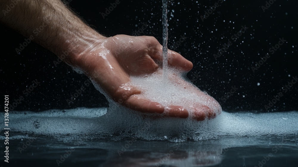 Fototapeta premium Washing hands with liquid soap under water stream cleaning action indoor environment close-up view foamy bubbles