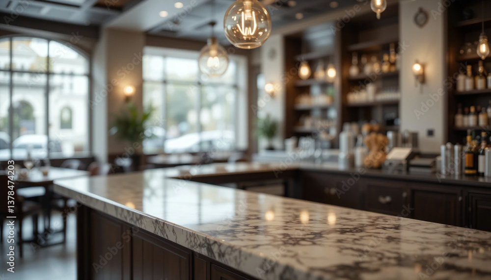 Elegant Restaurant Scene with Marble Countertop and Blurred Dining Area in the Background – Luxury Hospitality Concept – Generative AI Elegant Restaurant Scene with Marble Countertop and Blurred Dining Area in the Background – Luxury Hospitality Concept – Generative AI