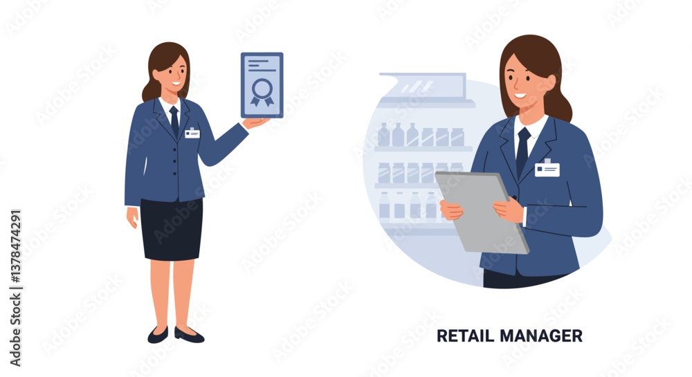 Fototapeta premium Retail manager in professional attire showcasing achievements in flat vector art