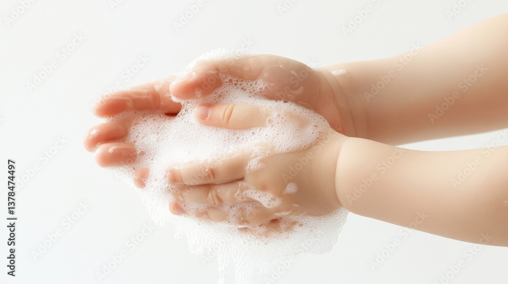 Fototapeta premium Washing hands with liquid soap bubble and foam cleaning home hygiene indoor close-up health awareness