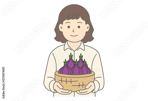Woman Holding Onions Illustration

