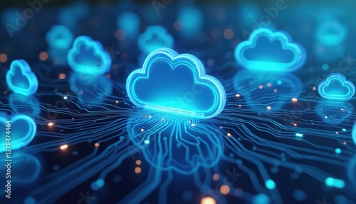 Plakat Digital image cloud computing concept. Blue cloud icons on circuit board pattern. Tech data storage, modern data center. Online, virtual networking. Cloud migration, data transfer, web hosting.