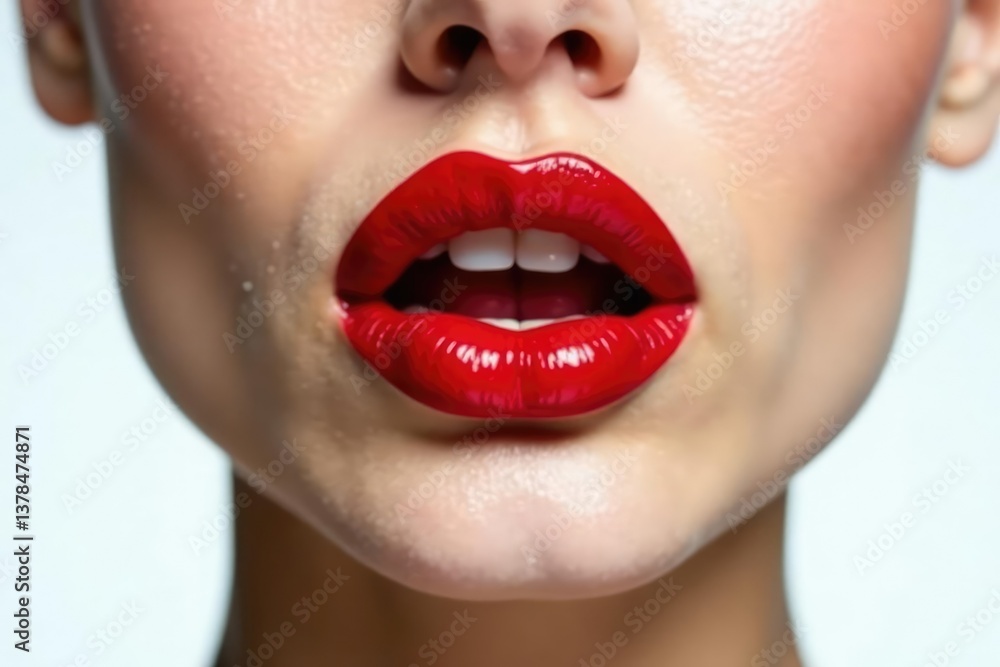 Obraz premium Close-up vibrant red lips, stark white backdrop, perfect lips, smooth, bold