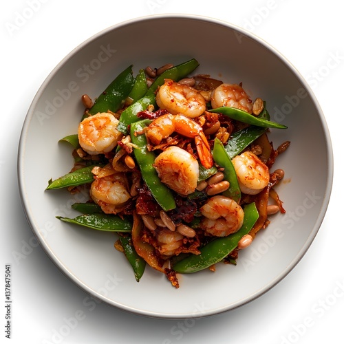 Delicious Spicy Shrimp Stir Fry with Snow Peas and Peanuts in a Bowl