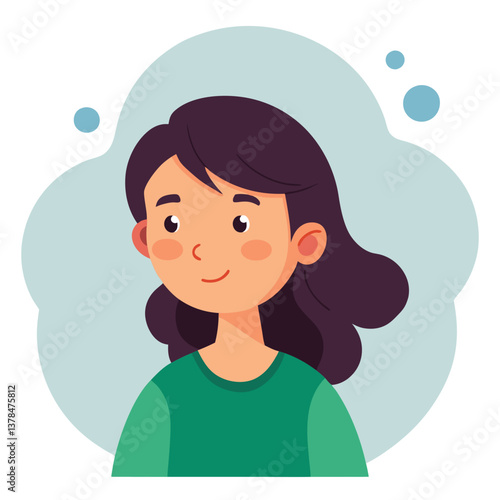 Smiling Woman Cartoon with Dark Hair and Green Shirt on Background