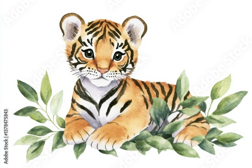 Vibrant young tiger resting amidst lush green foliage in a serene natural setting