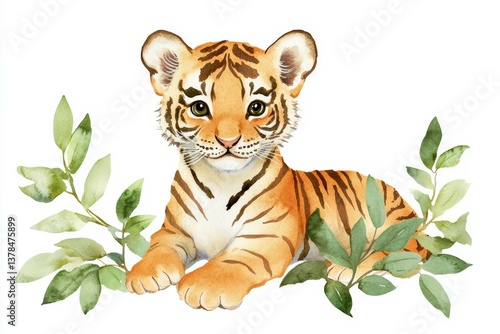 Adorable young tiger resting among green leaves in a serene setting during daytime
