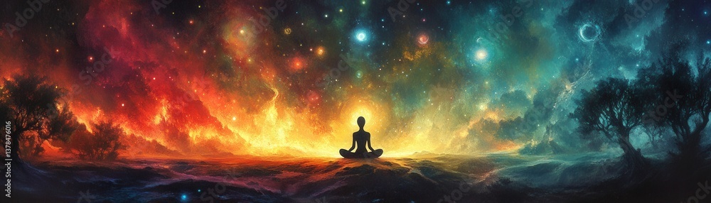 Surreal Landscape with Floating Chakra Orbs Meditating in Cosmic Scenery Surreal Landscape with Floating Chakra Orbs Meditating in Cosmic Scenery
