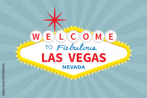 Welcome to Las Vegas sign icon. Nevada sight showplace symbol. Red star. Template for greeting card, banner, sticker print. Flat design. Isolated. Light of sunburst. Blue abstract background. Vector