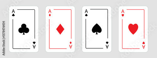 Playing card set. Four aces icon. Poker cards suits. Hearts, clubs, diamonds, spades ace line. Winning poker hand. Las Vegas Casino gambling concept. Flat design. White background. Isolated. Vector