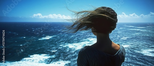 A lone woman stands at the ocean's edge, wind tousling her hair as she gazes into the endless, azure sea horizon.