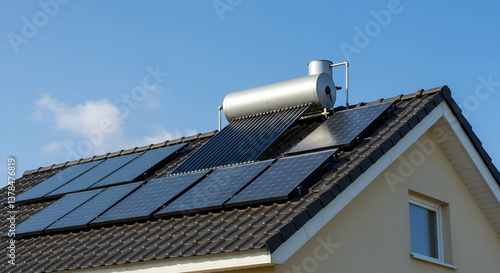 Solar water heater installed roof blue sky,Solar water heaters gleaming under the sun on a modern rooftop, showcasing a sustainable and eco-friendly approach to household energy needs