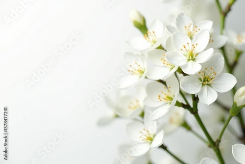 Delicate white flower blossoms on stark white background, organic, botanical, blossom