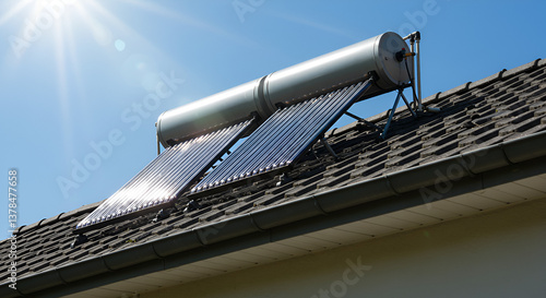 Solar water heater installed roof blue sky,Solar water heaters gleaming under the sun on a modern rooftop, showcasing a sustainable and eco-friendly approach to household energy needs