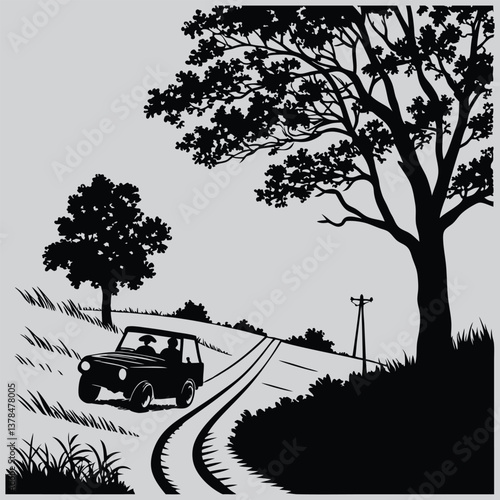 A  utility vehicle driving down a rural path image silhouette design vector art and illustration
