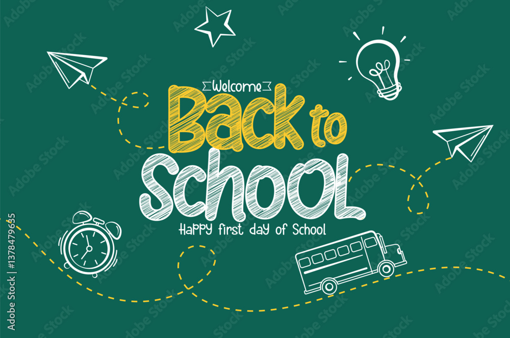 Back to School Text Typography with Paper Airplane and School Bus. Back to school greeting design greenboard banner. First day at school banner design template