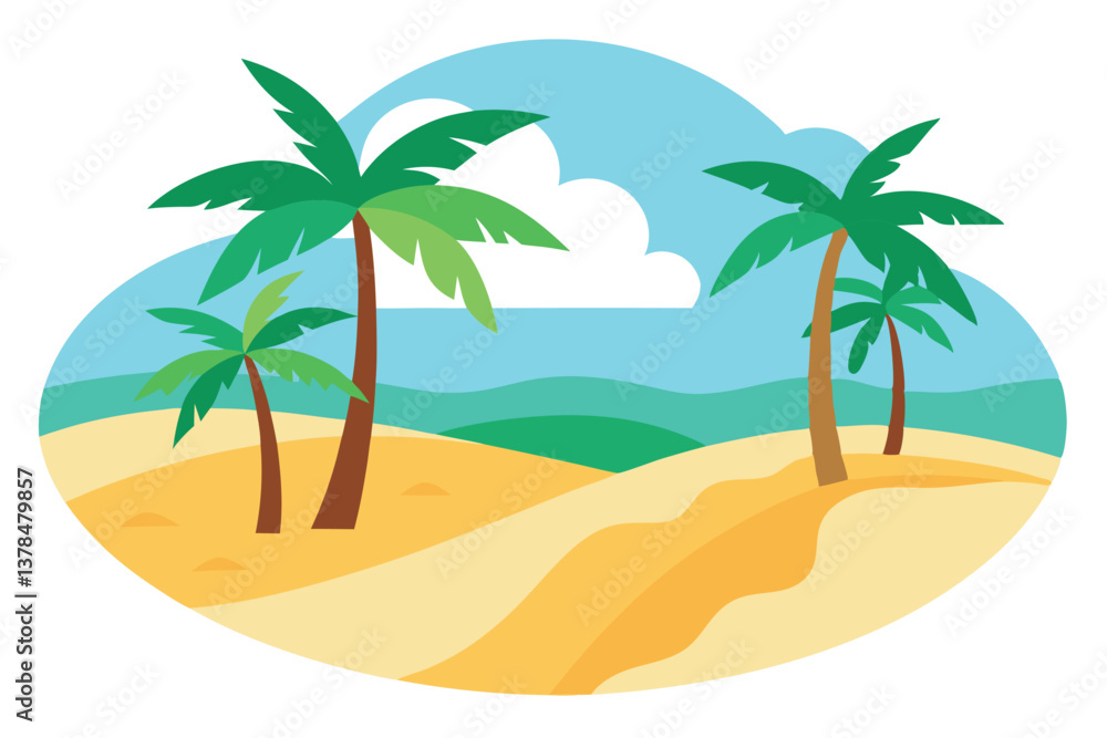 Obraz premium Beach Cartoon with Palm Trees & Sand in Summery Weather on Transparent Background