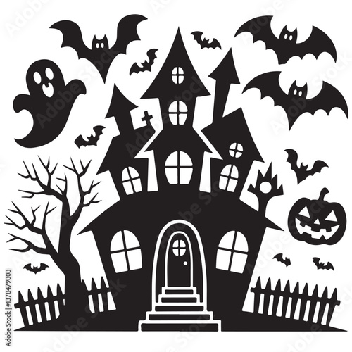 set of halloween, hunted house silhouette	
