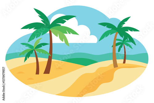 Beach Cartoon with Palm Trees & Sand in Summery Weather on Transparent Background