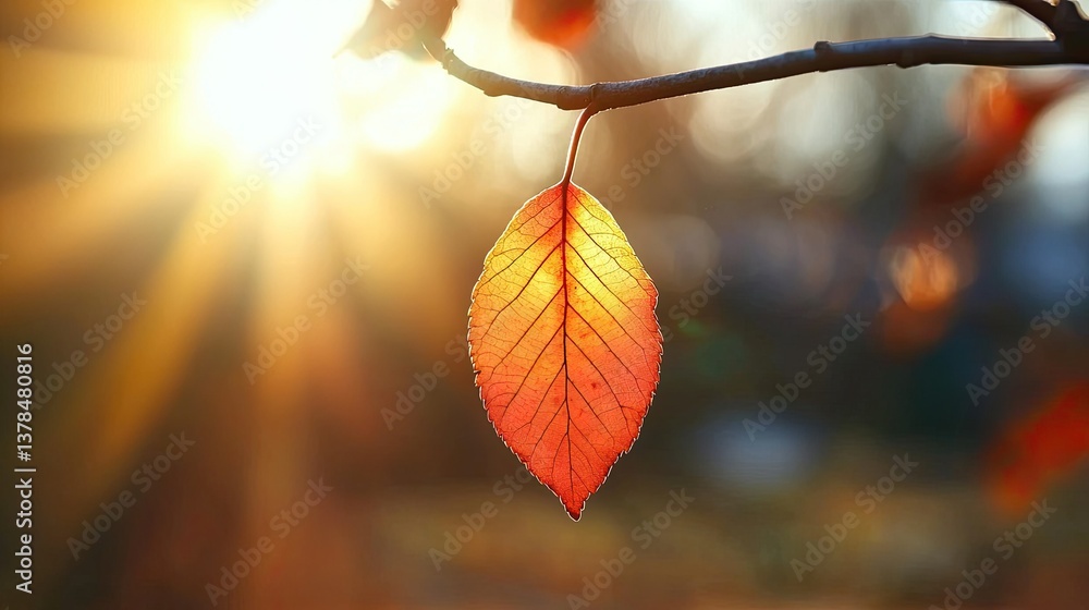 Backlit autumn leaf hangs delicately from a slender tree branch Backlit autumn leaf hangs delicately from a slender tree branch