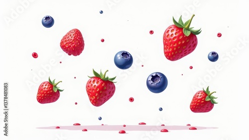 Strawberries and Blueberries Floating Mid-Air