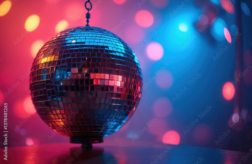 Obraz premium Disco ball with colorful lights for party nights. Sphere reflects blue and red colors, creating festive mood. Shiny mirrored surface on black background. Nightclub music, dancing, celebration.