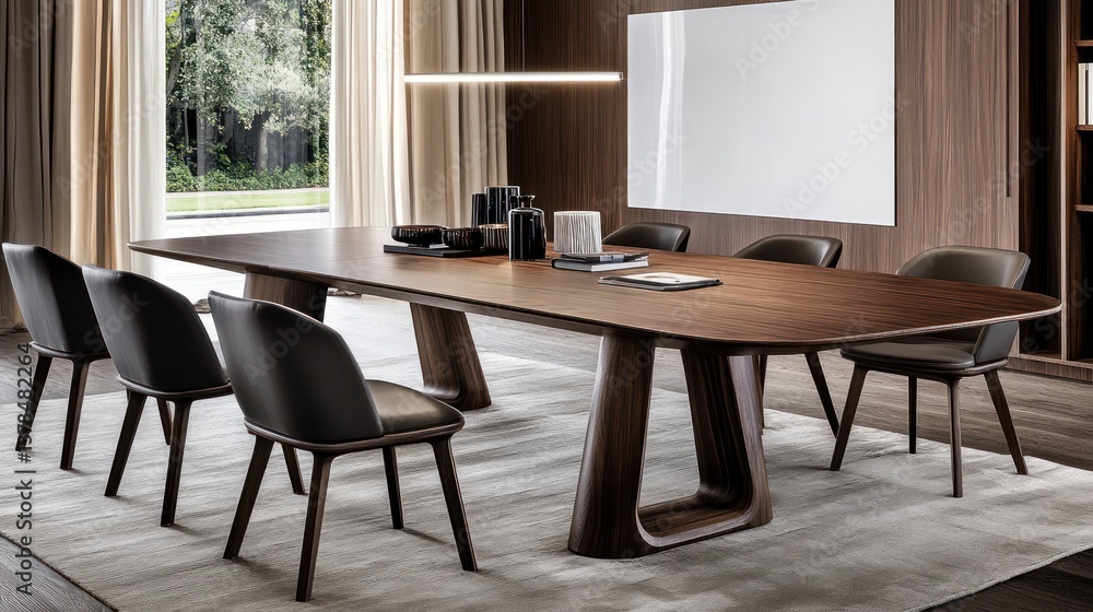 Fototapeta premium Modern walnut dining table, meeting room, luxury home