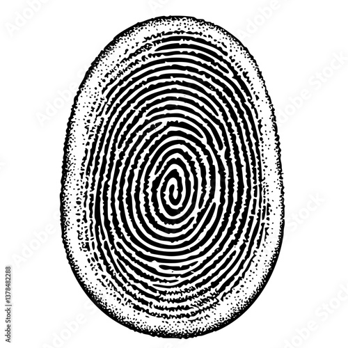 Fingerprint, biometric identification, identity security, black and white engraving vintage illustration