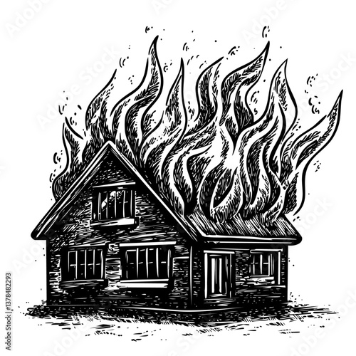 House on fire, burning in flames, black and white engraving vintage illustration