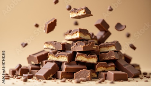 Delicious Chocolate Bars Falling from Above on a Brown Background