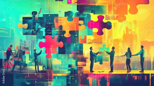 Illustration of a collaborative workplace depicted as a large puzzle
