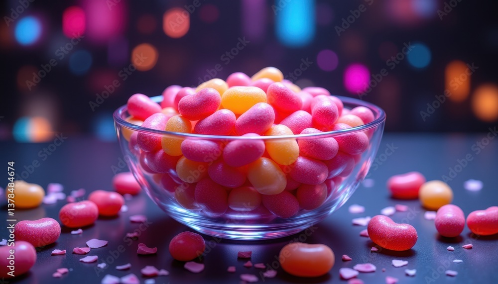 Colorful Jelly Beans in Bowl on Dark Table with Bokeh Background Colorful Jelly Beans in Bowl on Dark Table with Bokeh Background
