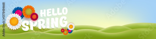 Hello Spring Green Hills Vector Lush Landscape with Cheerful Typography, Bright Seasonal Design for Springtime Greetings and Nature-Themed Projects