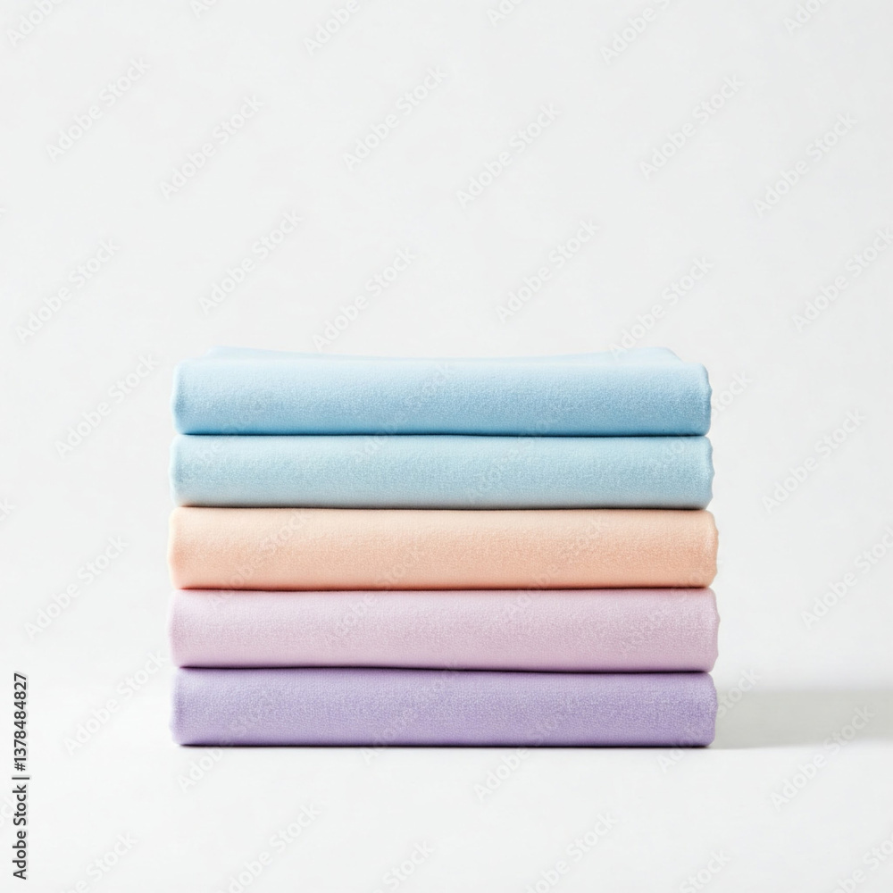 Stack of neatly folded pastel-colored fabric sheets against a plain background. Stack of neatly folded pastel-colored fabric sheets against a plain background.