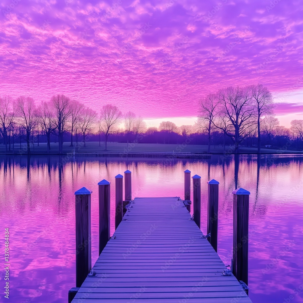 Fototapeta premium Tranquil Lakeside Sunset Scene: Peaceful Wooden Dock Reflections at Dusk