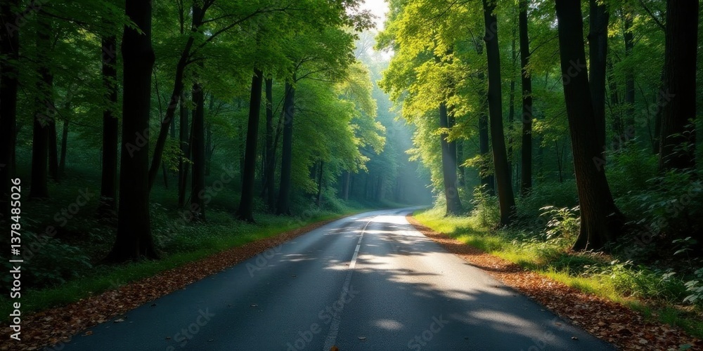 Obraz premium Serene Forest Road A Sunlit Path Through Lush Greenery, Winding Gently Through Tall Trees Casting Shadows on Asphalt