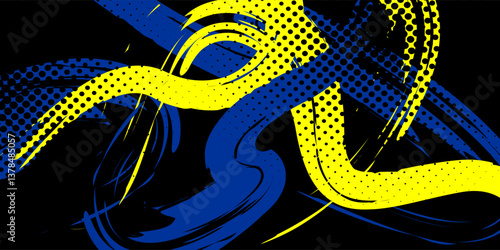 Abstract yellow-blue frame on a dark background. Sporty design in grunge style. Illustration for sports, athletics, training