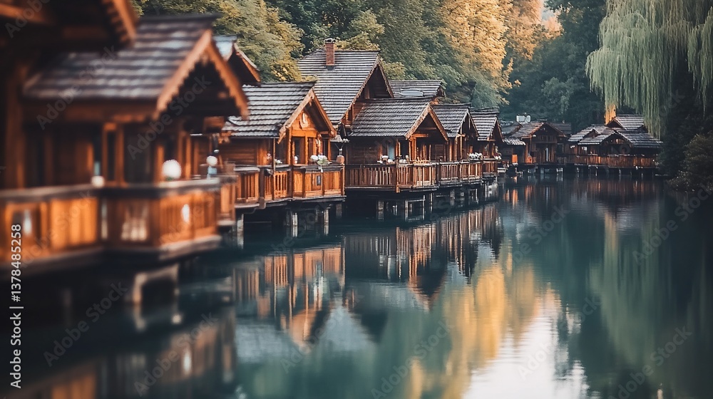 Fototapeta premium Lakeside wooden cabins reflected in calm water