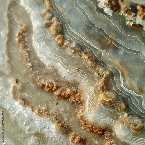 Macro view of the beach showing sea foam gently washing over the sand, full of abstract textures and captivating beauty.