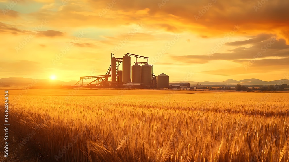 Fototapeta premium Golden grain elevator against a rural summer sky