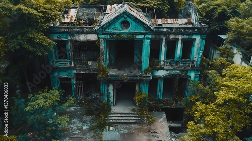 Overgrown Abandoned Mansion Teal Ruins Reclaimed by Nature Aerial View