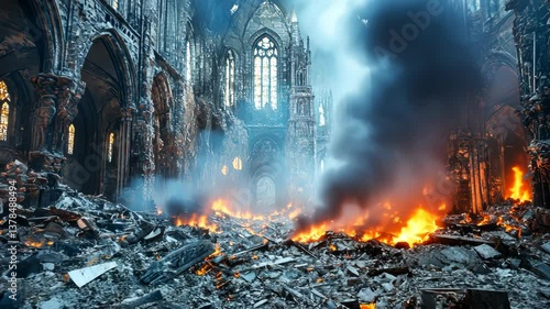 Ruined cathedral interior engulfed in fire and smoke.  Damaged ancient architecture, destruction