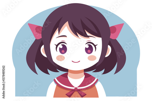 Cute Cartoon Girl with Purple Hair, Purple Eyes, Pink Bows and Blue Background