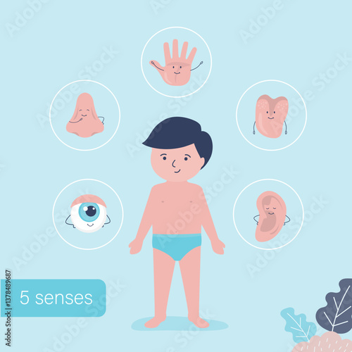 Happy kid with 5 Senses, infographic template. Handsome boy and funny human organs. Five senses. Touch, sight, hearing, smell and taste.