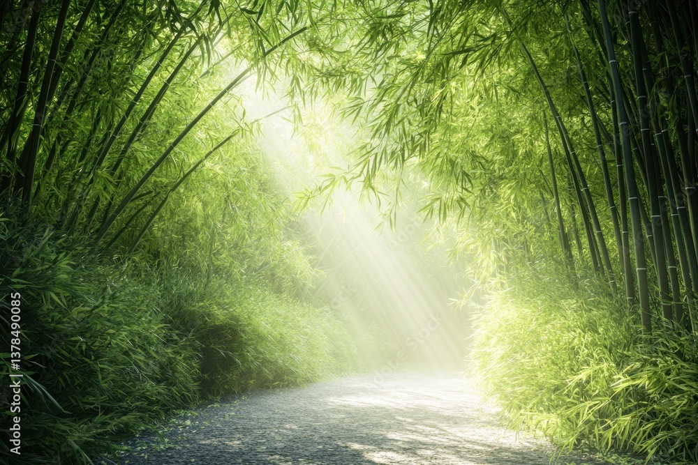 Fototapeta premium Bamboo forest pathway illuminated by gentle sunlight in a tranquil setting