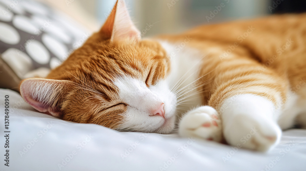 relaxed orange and white cat is peacefully sleeping on soft bed, showcasing serene and cozy atmosphere. close up captures cat gentle expression and fluffy fur relaxed orange and white cat is peacefully sleeping on soft bed, showcasing serene and cozy atmosphere. close up captures cat gentle expression and fluffy fur
