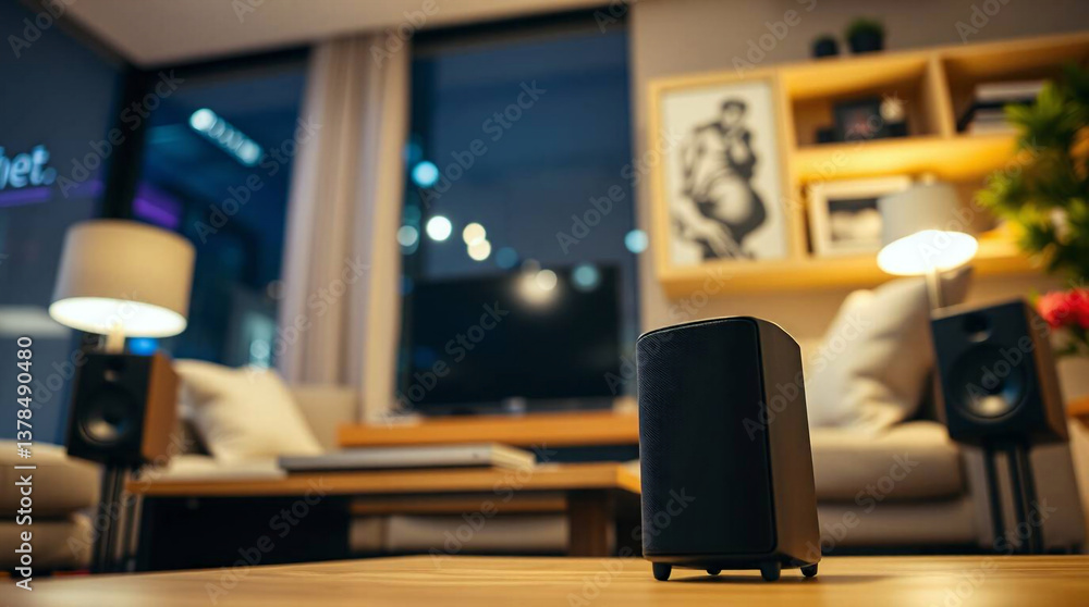 Modern Smart Living Room with Voice-Controlled Speakers and Dynamic Ambient Lighting – Futuristic Home Automation – Generative AI Modern Smart Living Room with Voice-Controlled Speakers and Dynamic Ambient Lighting – Futuristic Home Automation – Generative AI