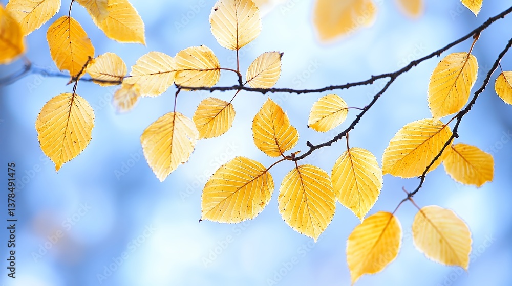 Golden Autumn Leaves on a Branch Against a Soft Blue Sky Golden Autumn Leaves on a Branch Against a Soft Blue Sky