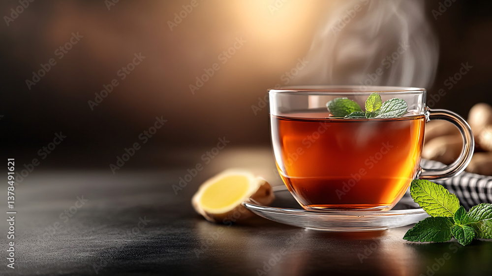 steaming cup of ginger tea with mint leaves sits on saucer, surrounded by fresh ginger slices on dark surface, creating warm and inviting atmosphere steaming cup of ginger tea with mint leaves sits on saucer, surrounded by fresh ginger slices on dark surface, creating warm and inviting atmosphere